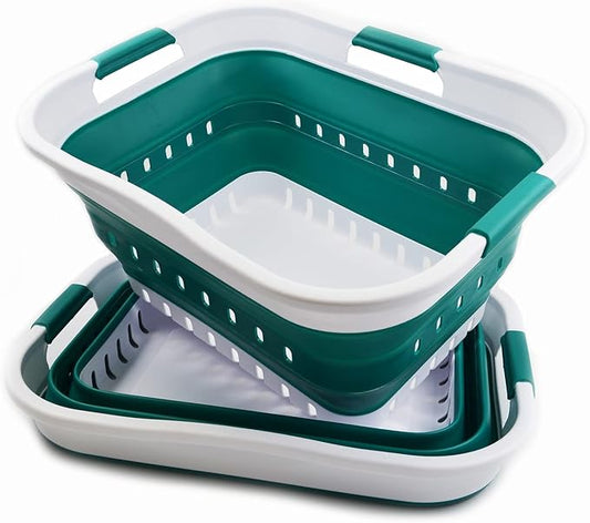 SAMMART Set of 2-30L (8 gallon) Collapsible Plastic Laundry Basket - Foldable Pop Up Storage Container/Organizer - Space Saving Hamper/Basket (2, White/Dark Green)