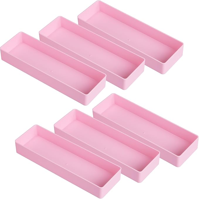 Teling 6 Pcs Pink Plastic Desk Organizer Tray Shallow Drawer Pencil Tray Tabletop Organizer for Office, Home, or Study 9.45x2.95x1.38 Inch
