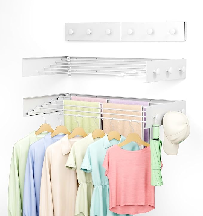 Collapsible Laundry Drying Rack Wall Mounted - 31.5 Inch Metal Clothing Drying Rack with 6 Hooks, Retractable Foldable Dry Racks for Laundry Drying Indoor, Heavy Duty Towel & Coat Hanger