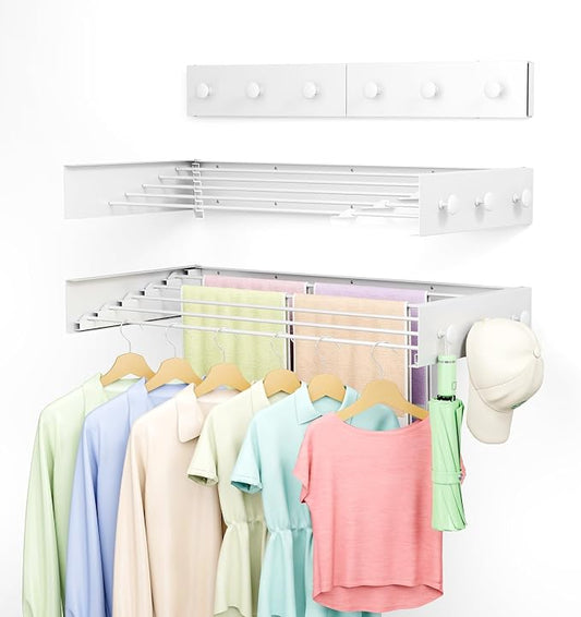 Collapsible Laundry Drying Rack Wall Mounted - 31.5 Inch Metal Clothing Drying Rack with 6 Hooks, Retractable Foldable Dry Racks for Laundry Drying Indoor, Heavy Duty Towel & Coat Hanger