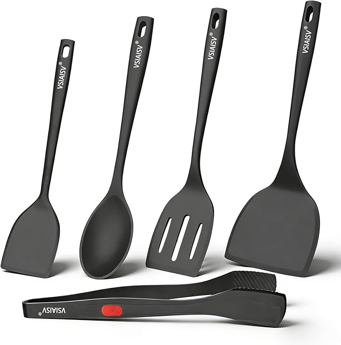 Silicone Spatula Turner, 600°F Heat Resistant Spatulas for Cooking, BPA Free, Flexible Rubber Kitchen Utensils Set Flipper for Eggs, Pancakes, Fish, Burgers, Dishwasher Safe (5 Pack, Black)