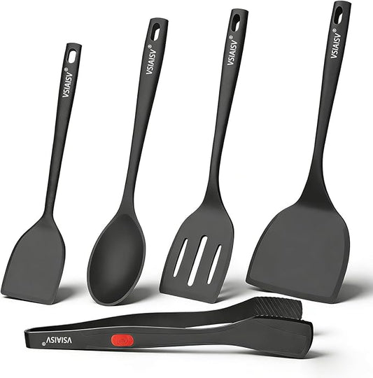 Silicone Spatula Turner, 600°F Heat Resistant Spatulas for Cooking, BPA Free, Flexible Rubber Kitchen Utensils Set Flipper for Eggs, Pancakes, Fish, Burgers, Dishwasher Safe (5 Pack, Black)