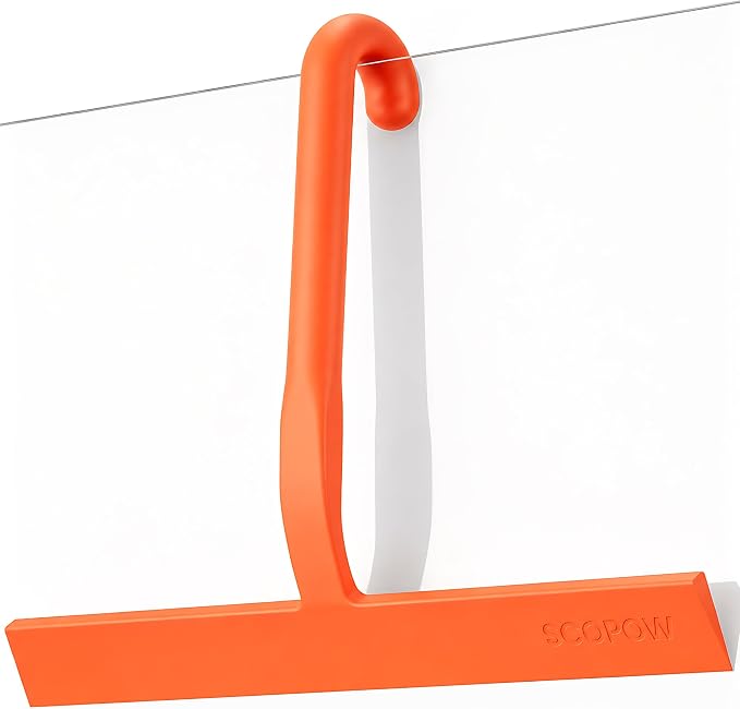 Shower Squeegee for Glass Doors - 10 Inch Bathroom Squeegee with Ergonomic Round Grip, Built-in Hook, Streak-Free No-Squeak Silicone Blade for Shower Glass, Tile Walls, Mirrors & Windows, Orange