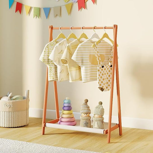 Kids Clothing Rack,Foldable Beechwood Small Baby Clothes Rack with Bottom Storage Shelf,for Laundry Drying,Mini,Floor Standing,Portable(31.5" L)
