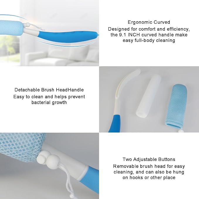 Back Scrubber for Shower, 15.35" Long Handle Shower Brush for Body, Back Brush for Shower for Men Women, Long Handled Bath Sponge for Deep Clean, Exfoliating, Anti-Slip Curve Handled Back Scrubber