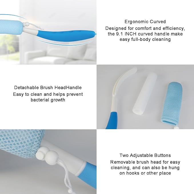 Back Scrubber for Shower, 15.35" Long Handle Shower Brush for Body, Back Brush for Shower for Men Women, Long Handled Bath Sponge for Deep Clean, Exfoliating, Anti-Slip Curve Handled Back Scrubber