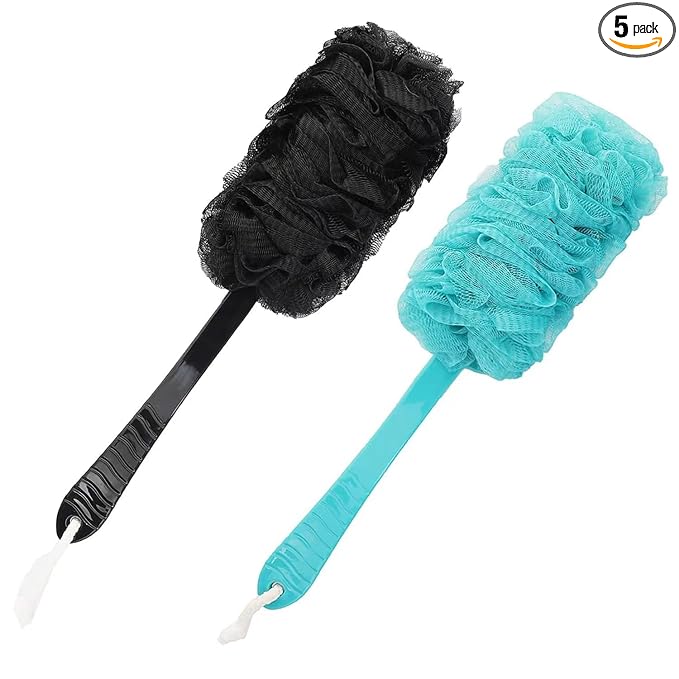 Back Scrubber Brush Long Handle for Shower, Loofah On a Stick Sponge Back Brush, Body Exfoliator Scrubber Bath Brush for Men Women, Exfoliating Cleaning Back Scrubber (2 Pack-Black+Green)