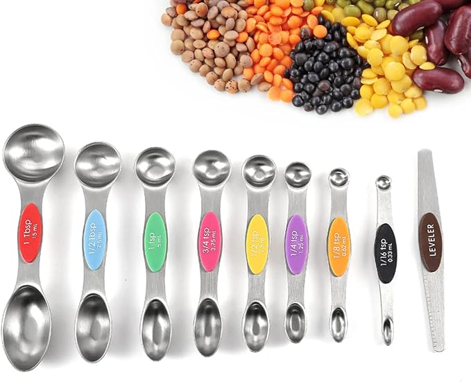 19-Pc Magnetic Measuring Cups and Spoons Set, with Lid, Rainbow | Includes 1 cover, 9 stackable cups set & 9 multicolor magnetic spoons, BPA-free & dishwasher safe, for liquid & dry baking