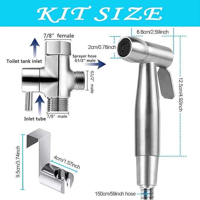 Handheld Bidet Sprayer Kit-Stainless Steel Douche Muslim Shower Spray with Hose Bidet Holder Valve for Toilet Cleaning, Pet Bath, Personal Hygiene (Includes T-Adapter)