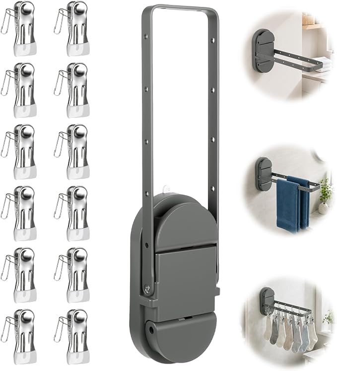 Folding Clothes Drying Rack with 12 Clips-Heavy Duty Dual Suction Cup Towel Bar for Bathroom Tile, Shower Glass | Space Saving Portable Laundry Hanger for RV, Apartment