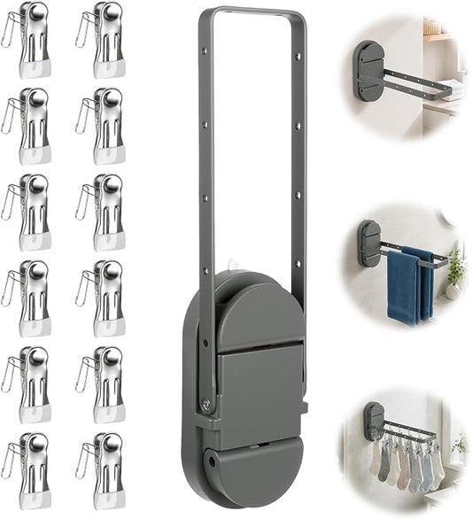 Folding Clothes Drying Rack with 12 Clips-Heavy Duty Dual Suction Cup Towel Bar for Bathroom Tile, Shower Glass | Space Saving Portable Laundry Hanger for RV, Apartment
