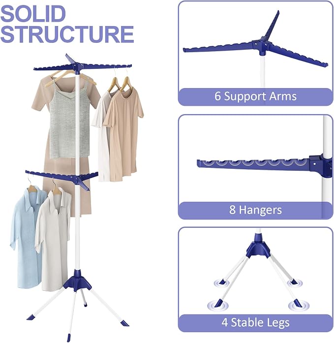 APEXCHASER Clothes Drying Rack, 2-Tier 48 Hangers Foldable Blue | 2-Tier Design, 6 Rotatable Arms, 48 Hangers, 4-Leg Stable Base, Foldable, For Indoor Outdoor, RV Travel & Beach Use