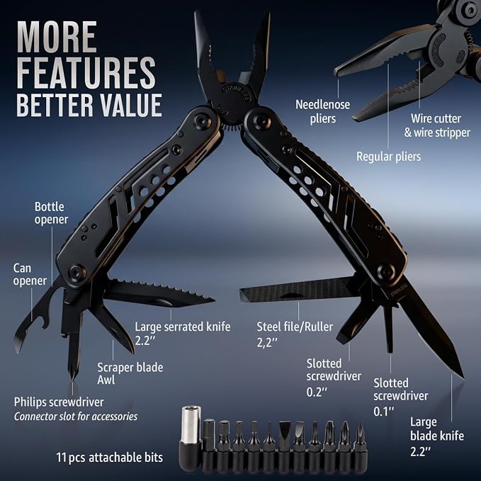 24-in-1 Multitool with Knife, Pliers & 11 Magnetic Bits - Black Stainless Steel Multi Tool for Camping, Hiking, EDC - Gift for Men 2238B