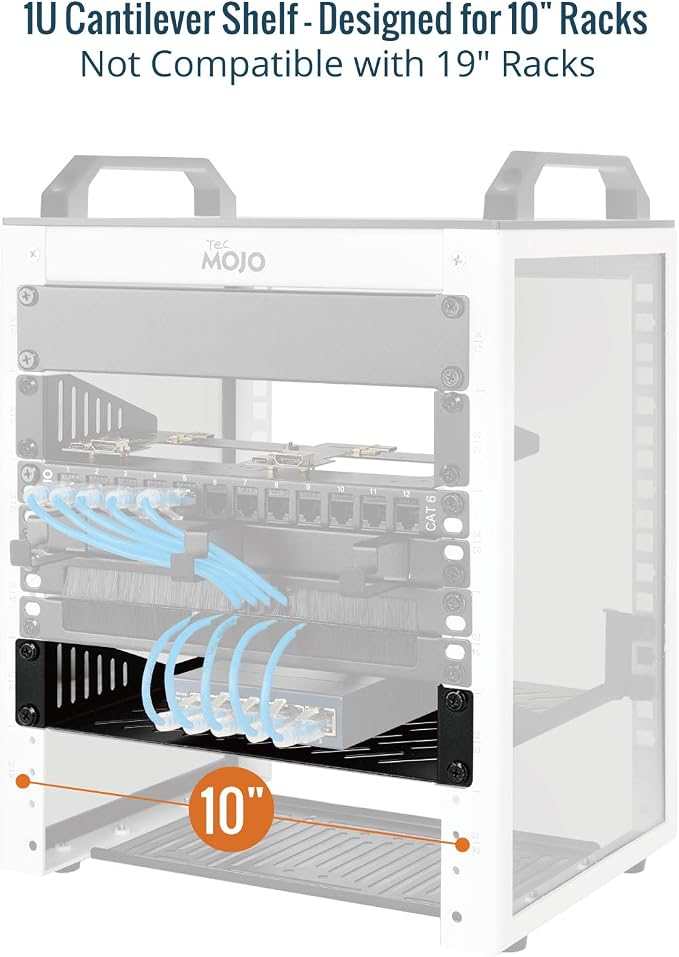 Tecmojo 1U Rack Mount Shelf for 10" Server Rack, 10.23" Deep Vented Cantilever Tray, Metal Shelf for Network Cabinet, Server Enclosure, Enhanced Airflow, Black