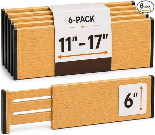 6 Pack Bamboo Drawer Dividers - 6 Inch High for Deep Drawers, Adjustable 11.5 to 17 Inch Expandable Kitchen Drawer Organizer, Spring Loaded Dresser Separator for Clothes, Bedroom, Bathroom, Office