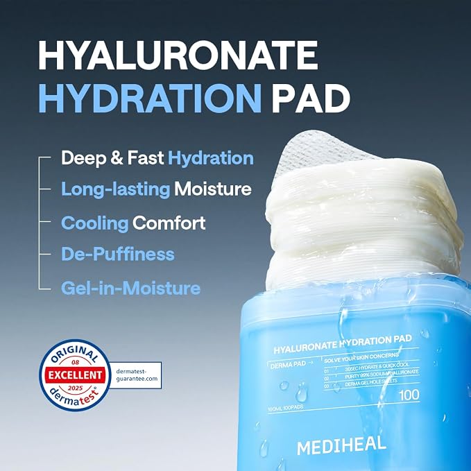 MEDIHEAL Hyaluronate Hydration Toner Pads for Hydration (100 Count) | with 9 Types Hyaluronic Acid | Moisturization, Plumping, Moisture Barrier | Plastic-Free Vegan Pads | Korean Derma Toner Pads