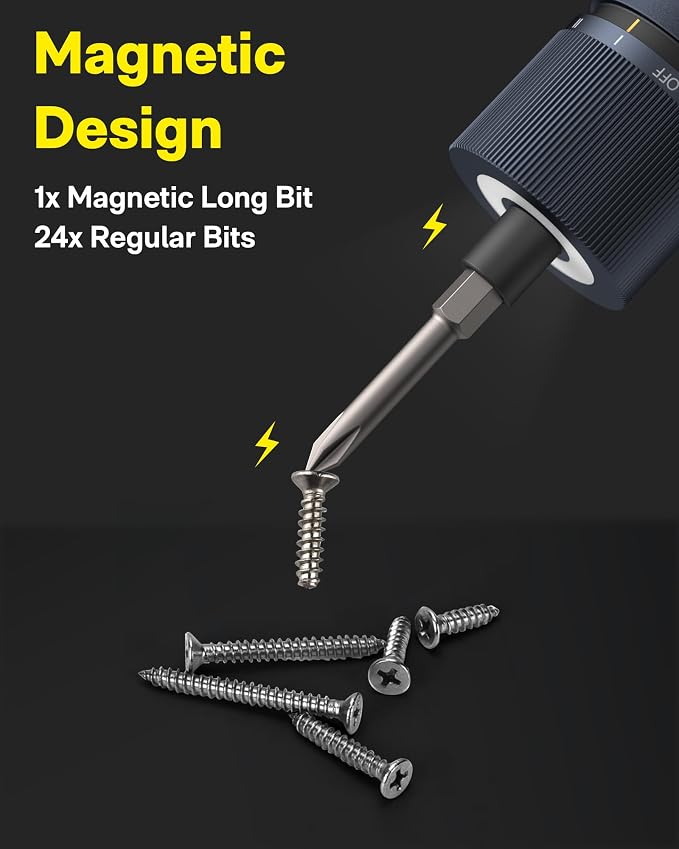 HOTO 25-Piece Upgraded Electric Screwdriver Kit, Cordless Screwdriver | 1/4'' Hex, Magnetic Lid, 1500mAh Rechargeable, LED Light, Ideal for Furniture Assembly, Home Repair, and Garage Projects