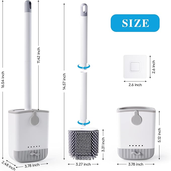 HONOVA 2 Pack Silicone Toilet Bowl Brush with Ventilated Holder, Toilet Brush and Holder Set，Floor Standing & Wall Mounted, Toilet Cleaner Brush for RV Travel, Camper, Family Bathroom（White）