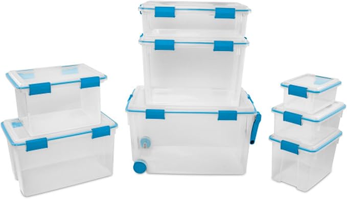 Sterilite Gasket Storage Box with Lids for Home & Office, 37 Quart, 12-Pack | Heavy-Duty, Stackable, and Organizing Containers for Bathroom, Cabinet, Closet, and Garage, Clear and Blue Aquarium Latches