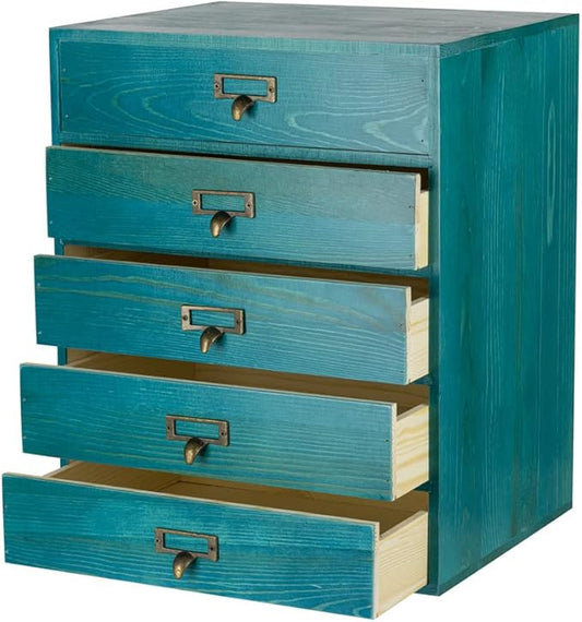 GoooodGIFT Wooden Drawers Large Wooden Box with Drawer, Blue | 5 Drawer Wood Storage Box , Vintage Desktop Organizer with Drawers, Desk Organizers for Library Card Catalog Cabinet