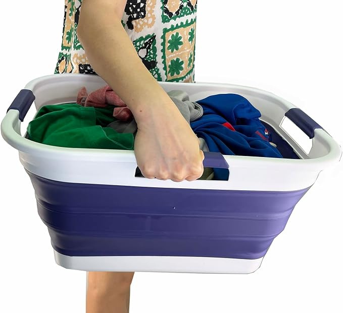 SAMMART 30L (8 gallons) Collapsible Plastic Laundry Washing Tub/Basket-Portable Pop Up Storage Container/Organizer-Foldable Laundry Hamper-Space Saving (2, White/Navy Blue)