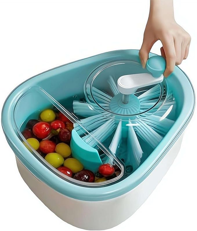 Fruit Cleaner Spinner Detachable Double Layer Drain Basket, 360 Rotary Brush Hands Free Deep Cleaning Vegetable Washer for Home Kitchen Berry Grape Cherry Washing Draining