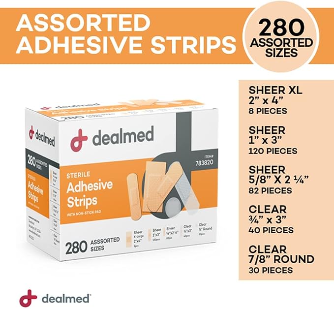 Dealmed Adhesive Bandages Variety Pack - Sterile First Aid - 3360 Count | Polyurethane Material, 280 Per Box, 12 Boxes, Individually Wrapped, Non Stick Pad, Assorted Sizes