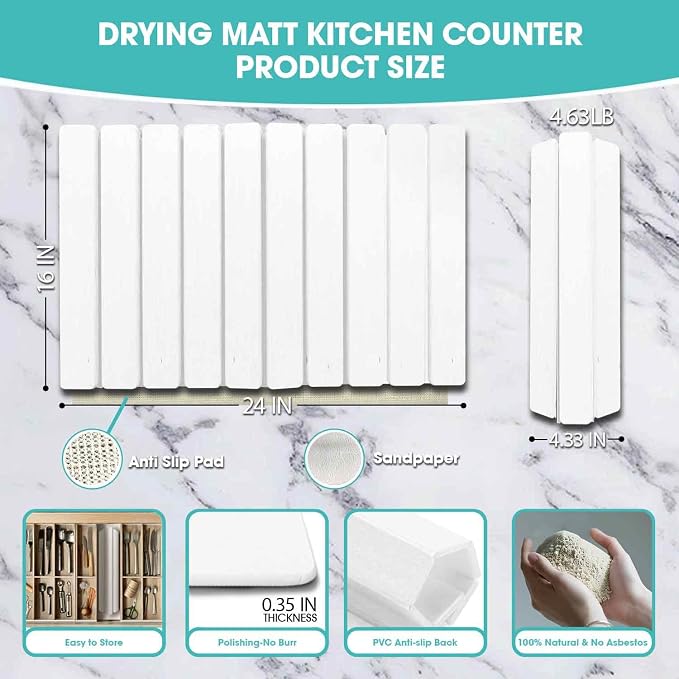 Dish Drying Mat Stone Bath Mat Diatomaceous Earth Stone Drying Mat For Kitchen Counter Sink Bath Mat Quick Dry Non Slip Foldable Dish Drying Rack Mat Large(24"×16" White)