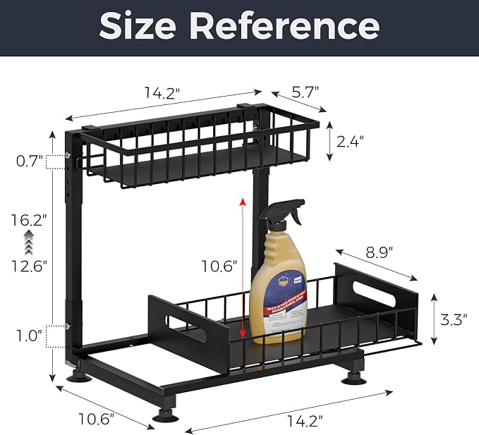 Saydear 2-Pack L-Shaped Under Sink Organizer, 2-Tier Pull-out Cabinet Rack | Black Height-Adjustable Steel Rack, Sliding Grid Drawers with PP Liners, Holds 100 Lbs, Suction Base, Ideal Kitchen Storage