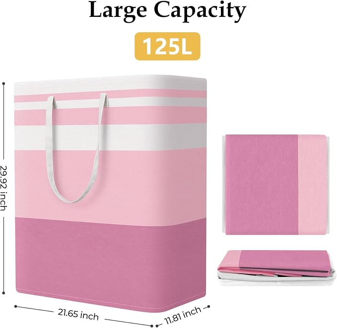 StorageRight Laundry Basket Hamper, 125L Collapsible Clothes Storage, Pink | Freestanding Clothes Hampers, Foldable design, with Easy Carry Handles, For Laundry, Bedroom, Dorm, Clothing, Towels, Toys