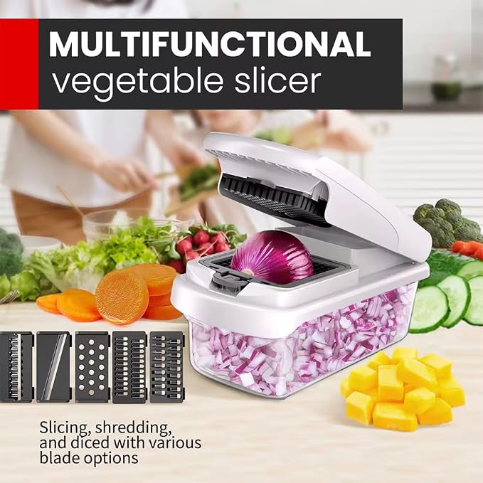 11-in-1 Vegetable Chopper with 8 Blades – Multifunctional Food Chopper & Mandoline Slicer, Onion Dicer, Potato & Carrot Cutter with Container, Kitchen Gadget (White/Black)