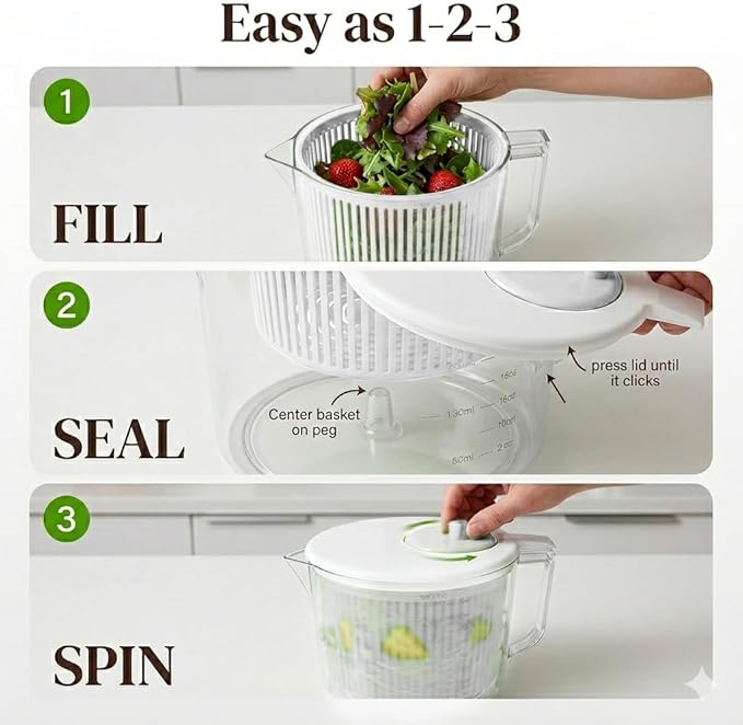 Cooler Kitchen Small Salad Spinner — Mini Lettuce Spinner and Dryer with Measuring Cup Bowl — Compact Veggie & Fruit Washer, Salad Dryer Spinner — Dishwasher Safe, BPA-Free