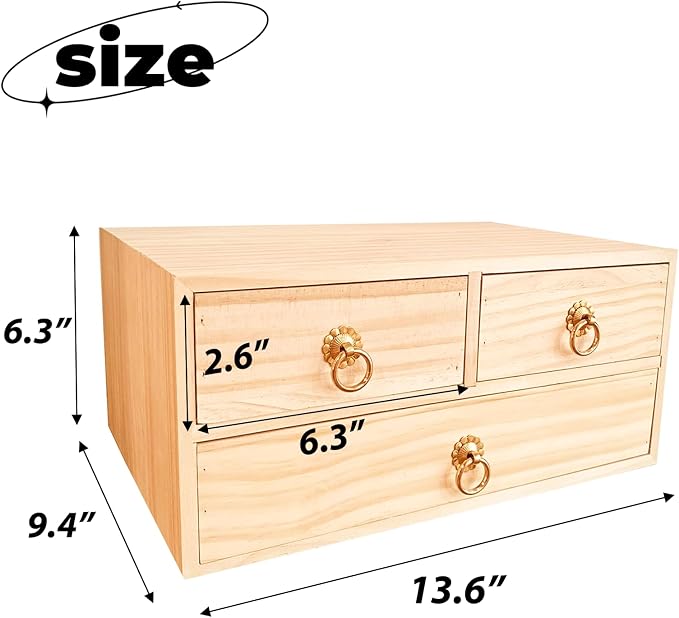 2 Layer Desk Organizer Natural Wooden Storage Box Counter Drawer | Office Desk Organizer Wood Desktop Organizer with Metal Handle 3 Drawer for Desk Accessories Home Office Counter Craft Decor