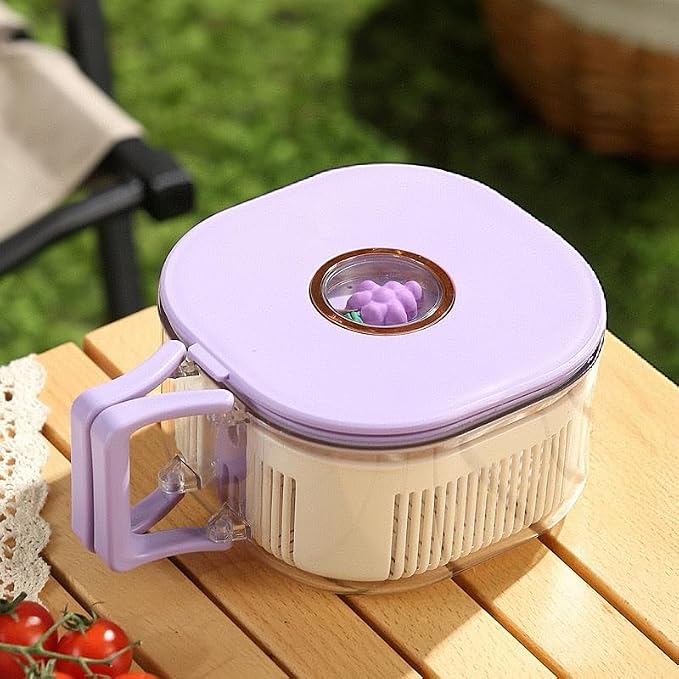 Fruit and Salad Washing Bowl with Strainer,Colander for Kitchen,Multi-Functional Vegetable and Food Drainer with Lid, Handle and Fork,Portable Fruit and Salad Containers for Fridge,BPA Free，Grape