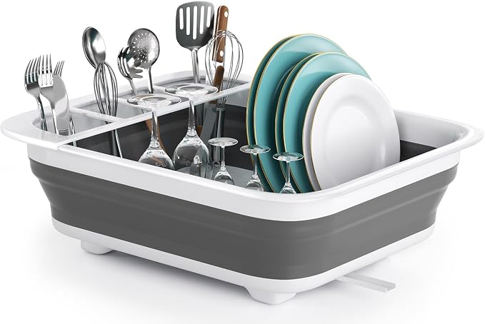 THANSTAR Collapsible Dish Drying Rack for RV Kitchen, Foldable Drainer Organizer for Kitchen Countertop, Space Saving Portable Dish Rack for Campers, Travel Trailer & Small Spaces, Easy Storage, Grey