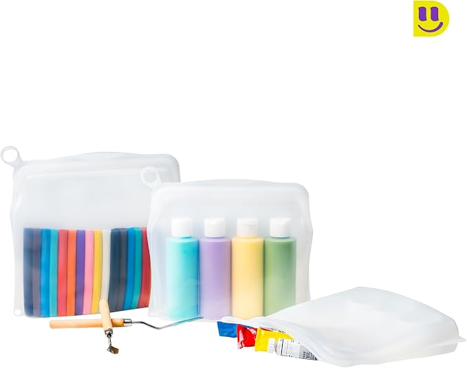 [3 Pack] Reusable Silicone Bags + Measuring Spoons Set - Large, Medium, Small Stand Up Food Storage - Leakproof, BPA Free, Dishwasher & Microwave Safe.