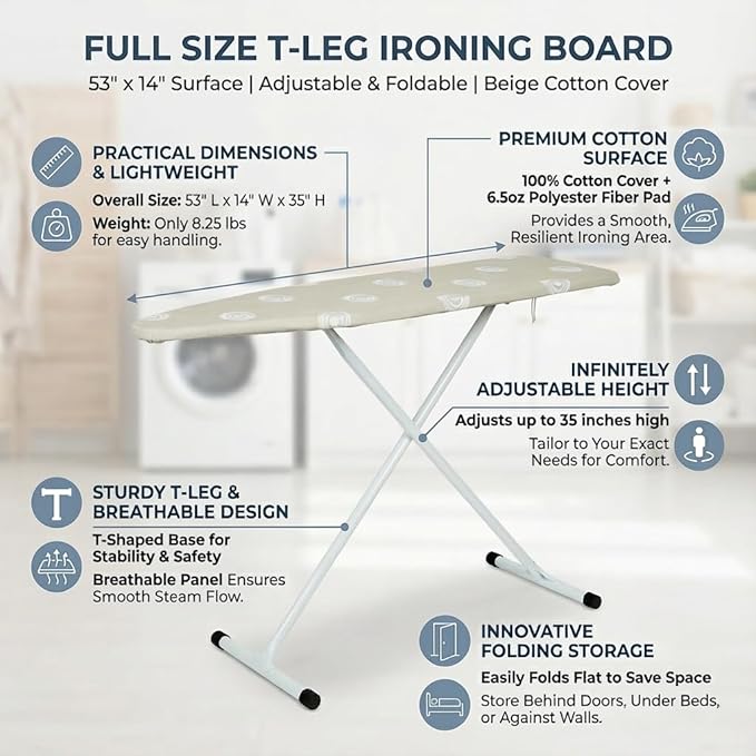 Ironing Board,T-Leg Ironing Board Full Size,53" x 14" Ironing Boards,Foldable with Cotton Pad Cover Home Use-Beige