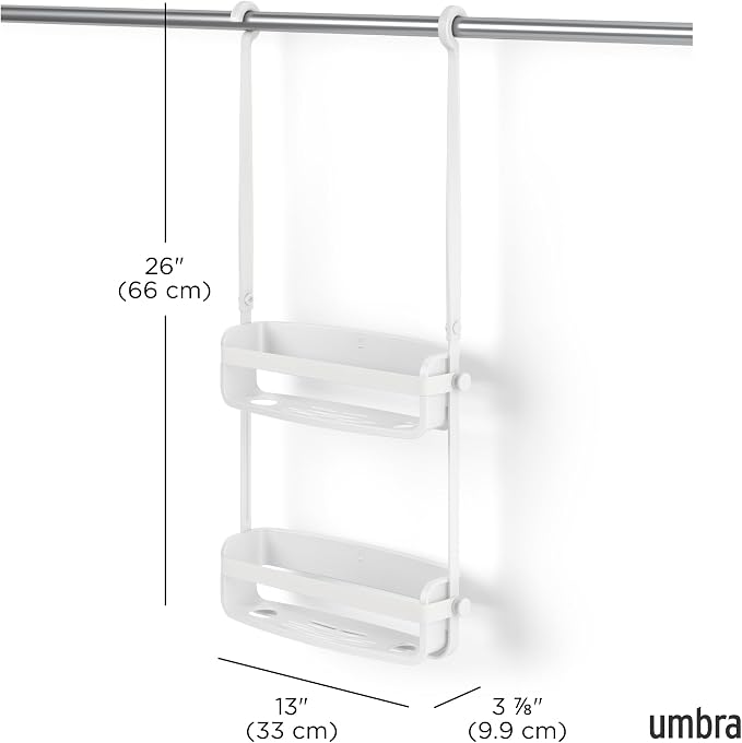 Umbra Flex Hanging Shower Caddy with 2 Shelves, Bathtub Shelf and Bathroom Organizer, White