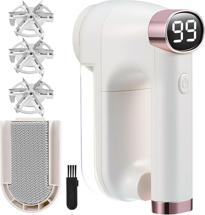 Fabric Shaver, Lint Shaver with Lint Brush, 3-Speed Sweater Shaver to Remove Pilling for Clothing, 6 Leaf Blade, LED Display, Electric Lint Remover for Furniture, Blanket, Couch (Beige)