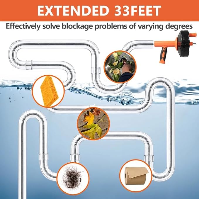 Drain Snake 8Set-33Ft Drain Clog Remover,34inch Heavy Duty Plumbing Snake,20inch Hair Clog Remover,18inch Cleaning Brush,Goggles and Gloves for Bathtub,Toilet,Sewer,Kitchen Sink,Drainage Pipe