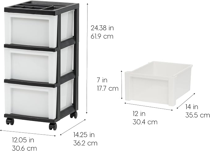 IRIS USA 3-Drawer Rolling Storage Cart, Black/Pearl | Keep craft supplies, office essentials, classroom items, and accessories organized with easy-access drawers for daily use
