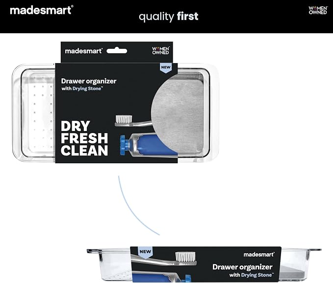 madesmart Toothbrush Drawer Organizer with Drying Stone, Clear Dental Organizer Tray for Bathroom Drawers, Toothpaste Holder, Dental Floss, Water Flosser and Mouthwash Storage, 12 Inch