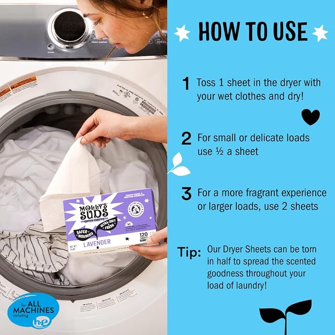 Molly's Suds Fabric Softener Dryer Sheets for Sensitive Skin | Plant-Based Static Reducer, Plastic-Free Packaging | Peppermint (120 Sheets)