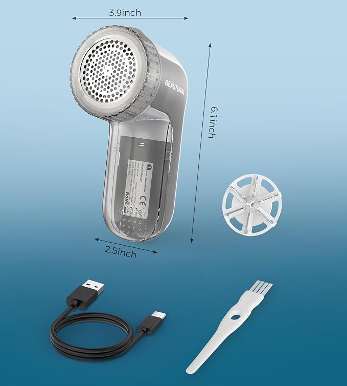 BEAUTURAL Fabric Shaver and Lint Remover, Portable Sweater Defuzzer | Rechargeable, 3 Speeds, 6 Leaf Blades, Digital LED Display, Remove Pilling for Clothes, Furniture, Couch, Blanket