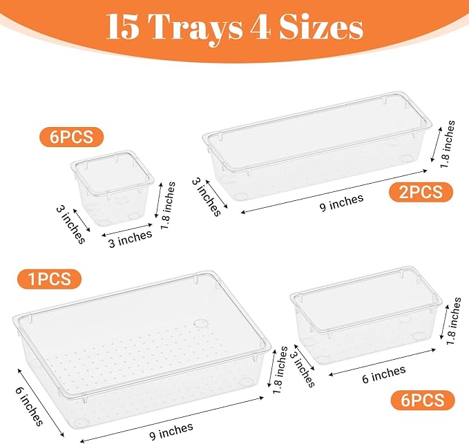 SpaceHacks 15 PCS Clear Plastic Drawer Organizer Set, 4-Size Acrylic Drawer Storage Trays, Storage Bins for Makeup, Gadgets, and Jewelry in Bathroom, Bedroom and Office, Clear