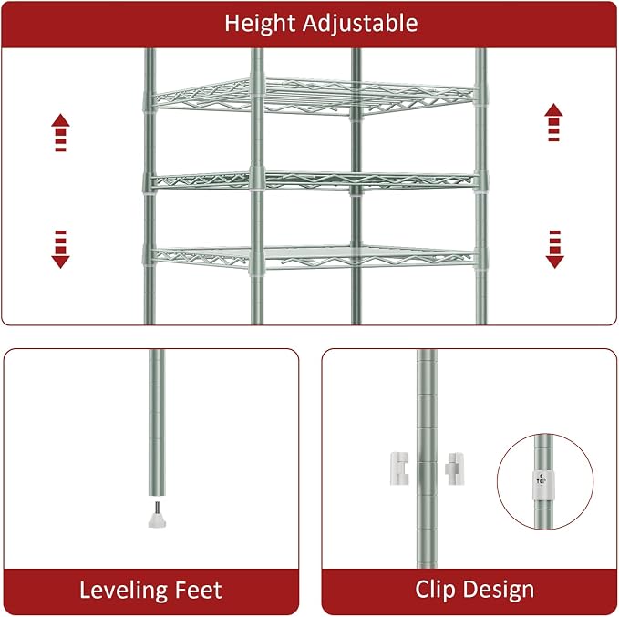 IZEUK 3 Tier Heavy Duty Steel Storage Shelves, Metal Shelf Wire Shelving Rack for Pantry, Kitchen, Cloakroom or Office Organization (13.8" D x 13.8" W x 25.5" H, 750LBS, Green)