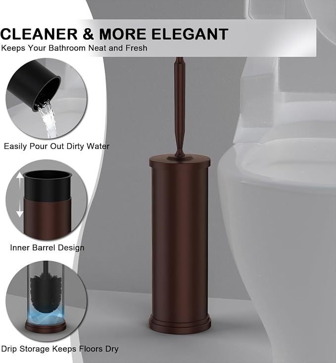 Stainless Steel Toilet Brush and Holder Set : Weighted Stable Base, Removable Inner Tube.Long Handle Toilet Bowl Brush Splash-Proof Design for Deep Cleaning & Space-Saving Storage,Bronze