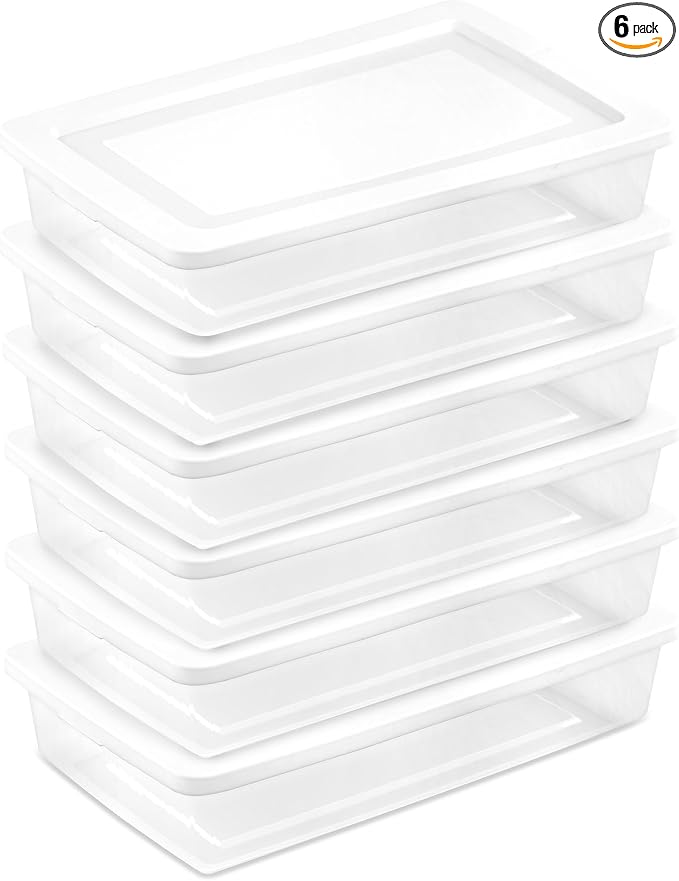 Sterilite 6 Pack Storage Box, 41 Quart Stackable Tote, Clear Plastic Container with Secure Snapping White Lids for Home and Office Organization