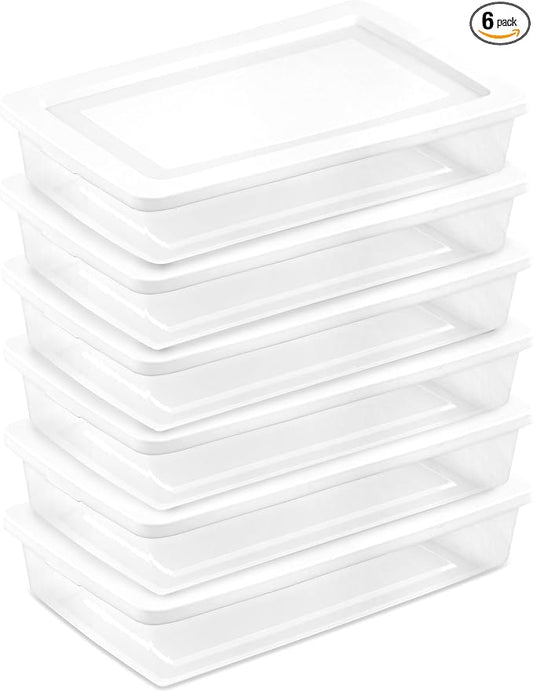 Sterilite 6 Pack Storage Box, 41 Quart Stackable Tote, Clear Plastic Container with Secure Snapping White Lids for Home and Office Organization
