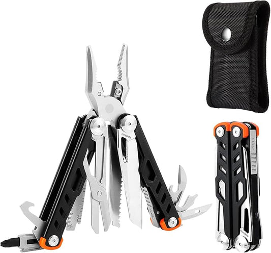 15-in-1 Multitool Pliers with Sheath, Stainless Steel, Black | Folding Multi Tool, Needle Nose Pliers & Wire Cutters, Knife, Saw, Screwdrivers, Bottle Opener, EDC Pocket Knife